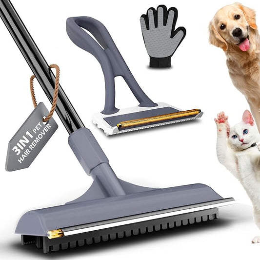 3 in 1 Carpet rake Kit for Pet Hair Removal Tool - Reusable Pet Hair Remover Broom w 58" Adjustable Long Handle, Dog & Cat Carpet Scraper, Pet Hair Remover for Rugs, Mats, Couch, Curtains(Gray)