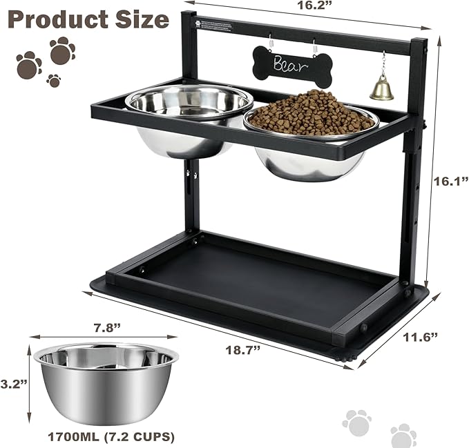 SHAINFUN Elevated Dog Bowls - Slow Feeder, Raised Stand with Two 1700ML Stainless Steel Bowls, Spill Proof Mat for Large & Medium Dogs