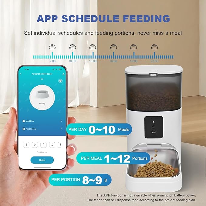 2.4G WiFi Automatic Cat Feeder, 4L Food Dispenser with 10s Voice Recorder, Pet Feeder up to 10 Meals per Day, Timed Cat Feeder with Dry Food Sealed Ring (White, 4L-WiFi)