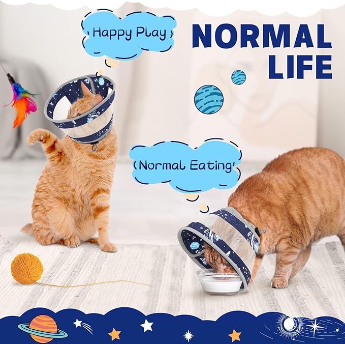 Breathable Air Mesh Cat Cone Collar Soft - Adjustable Recovery Collar to Stop Licking After Surgery, Foldable Lightweight E-Collar for Cats & Kittens (Sky Star, S)