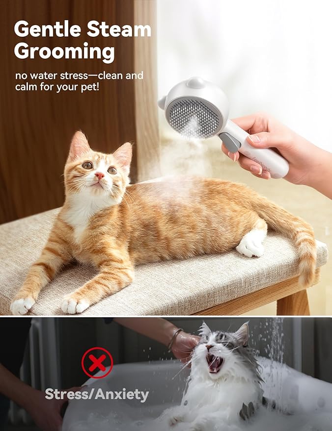 Cat Steam Brush, Brushes for Indoor Cats with Release Button, Dual Speed Spray USB Rechargeable Grooming Supplies, Cat Brush for Shedding Suitable for All Long-haired and Short-haired Pets