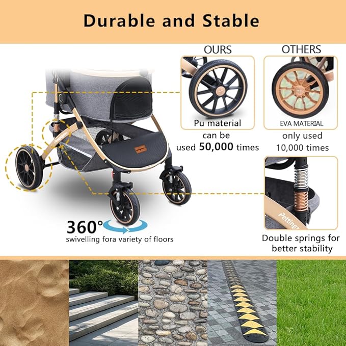 Pettingzoo Dog stroller with 4 Wheels, Folding Cat Stroller for Small/Medium/Large dogs & cats to 60 lbs, pet stroller with removable carrier, Storage BasketCup Holder,3 in1 Multifunctional Detachable