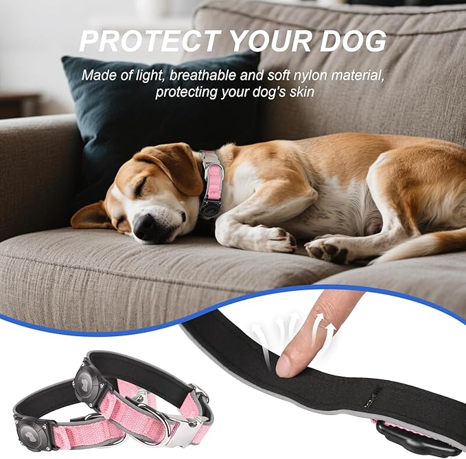 Waterproof Airtag Dog Collar - Nylon Collar with Durable Airtag Holder, Reflective&Anti-Lost with Safety Metal Buckle, Soft Padded Adjustable for Small Medium Large Dogs Pink XL