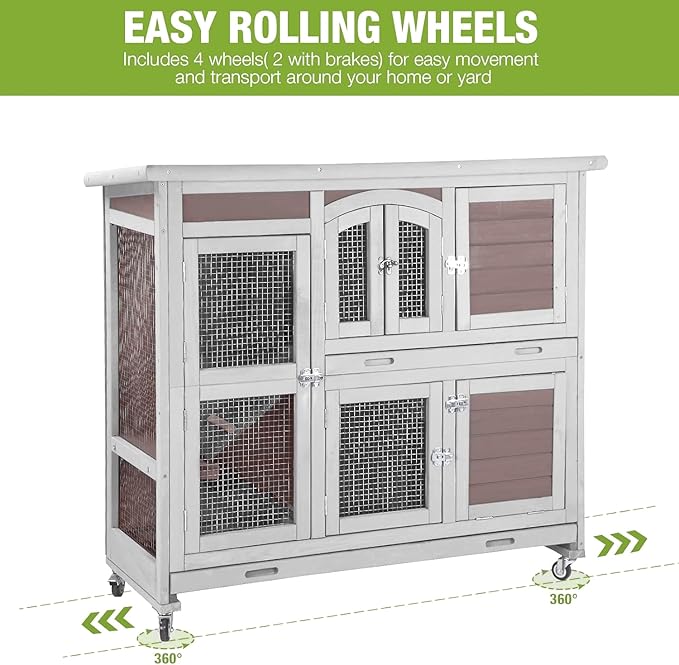 GUTINNEEN Rabbit Hutch Indoor Outdoor Bunny House Guinea Pig Cage on Wheel with Plastic Tray 47inch (Brown)