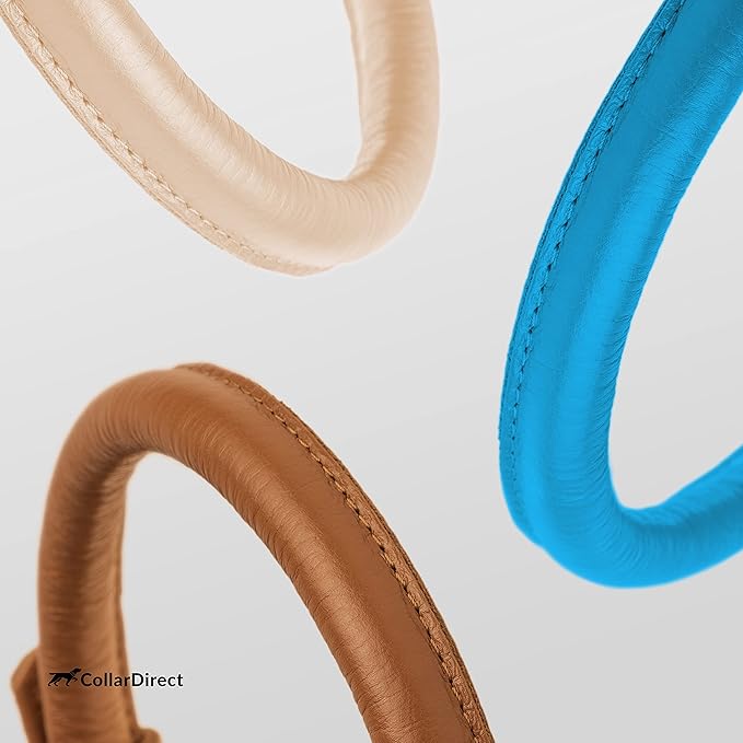 CollarDirect Rolled Leather Dog Collar, Soft Padded Round Puppy Collar, Handmade Genuine Leather Collar Dog Small Large Cat Collars 13 Colors (6-7 Inch, Light Blue Textured)