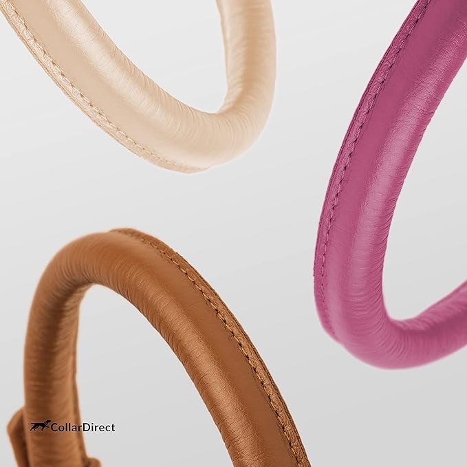 CollarDirect Rolled Leather Dog Collar, Soft Padded Round Puppy Collar, Handmade Genuine Leather Collar Dog Small Large Cat Collars 13 Colors (13-16 Inch, Beige Textured)