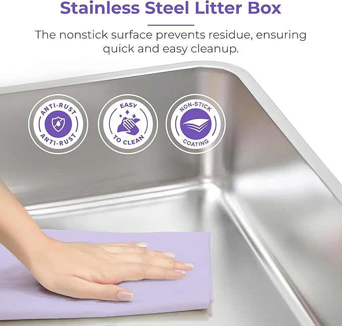 iPrimio Stainless Steel Litter Box - Cat Litter Box Enclosure with Enclosed Sides for Odor Control - Durable, Rust-Resistant Metal - Easy Clean Design, Applicable for Large Cats - 2 Pack