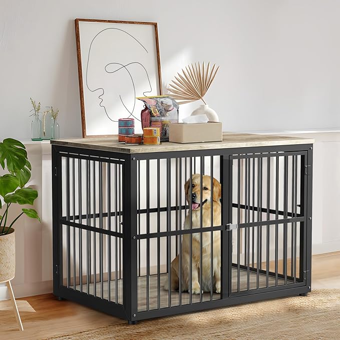 43'' Dog Crate Furniture with 3 Doors, XL Wooden Crate End Table, Heavy Duty Indoor Puppy Cage Kennel for Medium to Large Dogs, Multiple Units Can be Combined