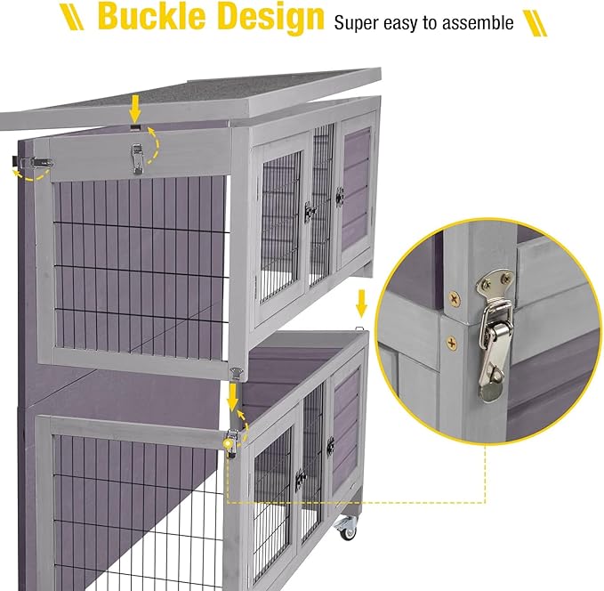 Aivituvin Rabbit Hutch Indoor, Folding Bunny Cage with Two Story, Rabbit Cage with Wheels, Anti Slip Ramp