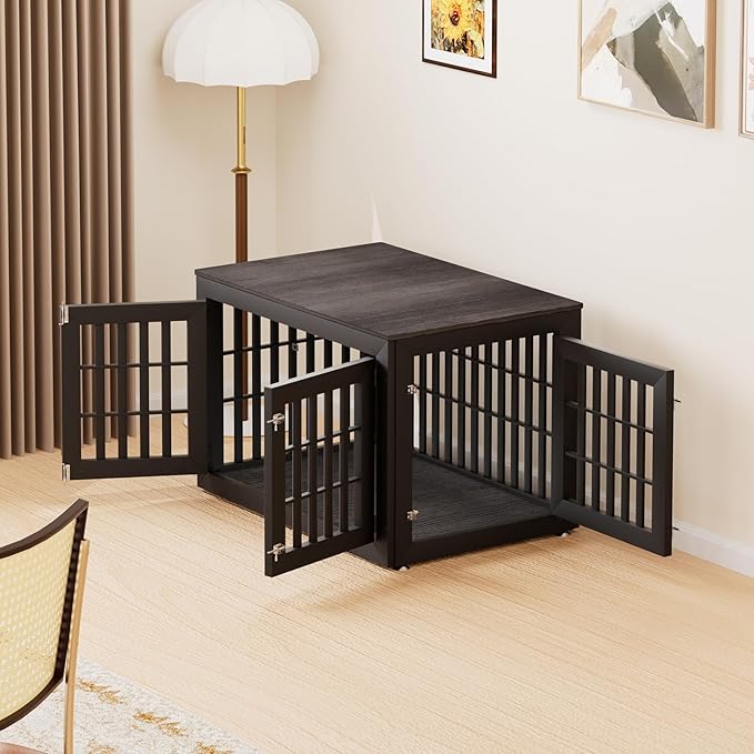 42" Heavy Duty Dog Crate Furniture for Small,Medium and Large Dogs,Rustic Wooden Dog Cage Kennel Indoor Furniture with Waterproof Top,Decorative Pet House Side End Table (Black & Grey)