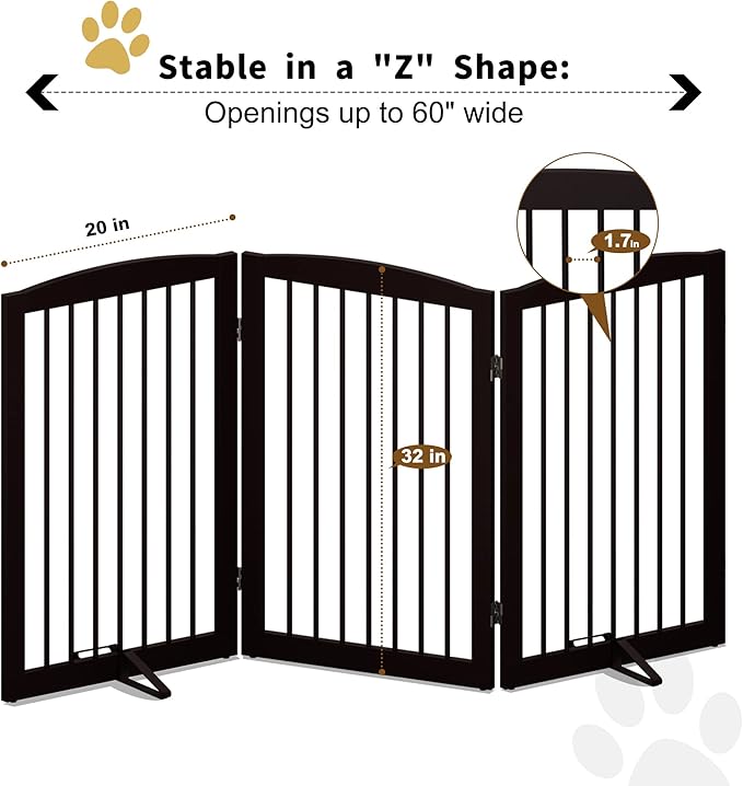 Freestanding Pet Gate for Dogs, Foldable Wooden Dog Gate for House Indoor, Tall Pet Fence for Stair, Doorway,Hall, Support Feet Included, 3 Panels 32",Brown