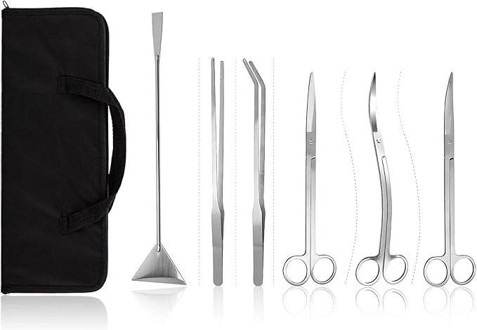 Aquascaping Tools 7 in 1 Kit Aquarium Plant Scissors Tools Set Curved & Waved Scissor Tweezers Spatula Stainless Steel Anti Rust Tools for Fish Tank Cleaning Plant Trimming