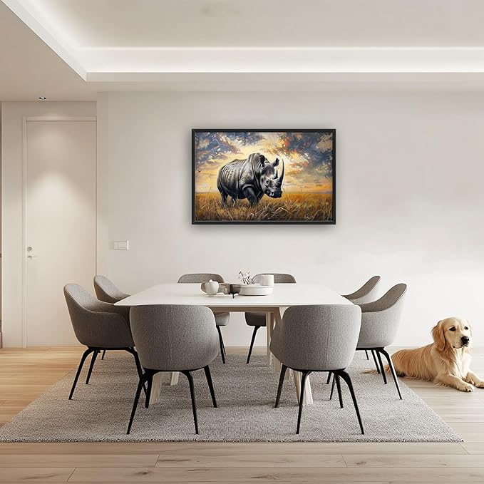 Rhino Large Wall Art Rustic Cool Wild Animal Rhinoceros Pictures Sunset Field Landscape Wall Decor Canvas Print Painting Artwork for Bathroom Living Room Bedroom 36L" x 24W"