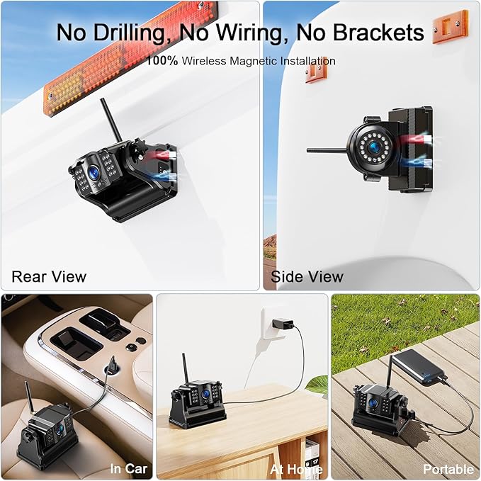 Fookoo 1080P 10" Magnetic Wireless Backup Camera 10" HD Split Screen Monitor,Rechargeable 2 Side View 2 Rear View Cameras,Low Consumption 1-Min DIY Install No Drilling for RV Trailer Truck DCX104