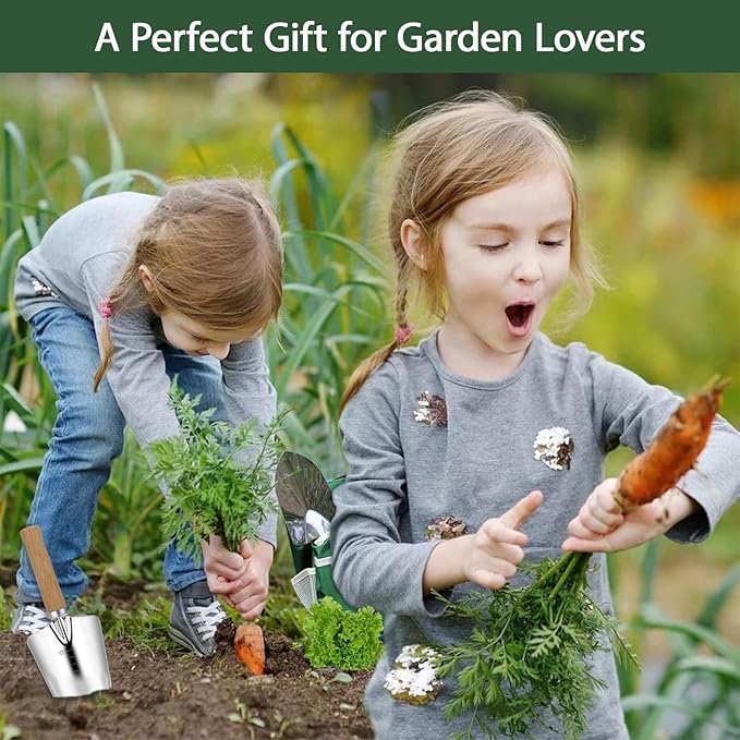 Garden Tool Set, 10 Piece Kit with Heavy Duty Folding Stool, Detachable Storage Tote Bag, Stainless Steel Tools, Gifts for Women Men Green