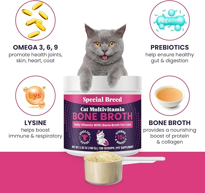Cat Multivitamin with Grass-Fed Beef Bone Broth – Daily Supplement for Immune, Joint, Skin, Coat & Gut Health – Omega 3s, Lysine, Beta Glucan, Vitamins A-E, C, D – 180 Day Supply – No Fillers