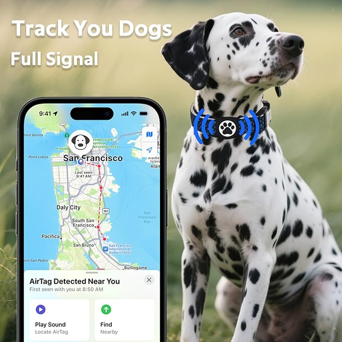 Dog Collar with Waterproof AirTag Holder & Anti-Lost QR Code, Cute Bling Warpping Adjustable Width for Small Medium Large Pet (Blue, L)