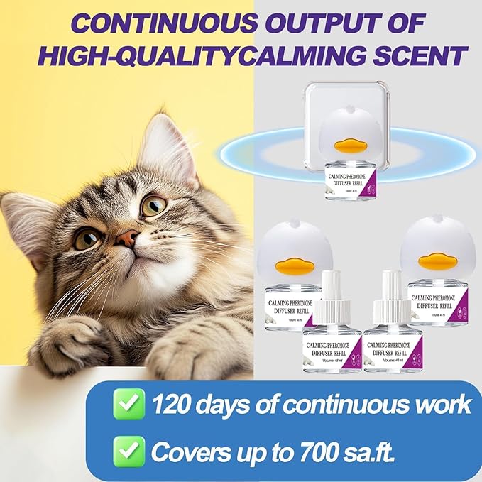 Cat Calming Diffuser, Cat Pheromones Calming Diffuser, Pheromone Dffuser to Calm Cats, Cat Calming Diffuser with 2 Diffuser + 4 Refill,120 Days for Cats Relief Stress Anxiety (Purple)