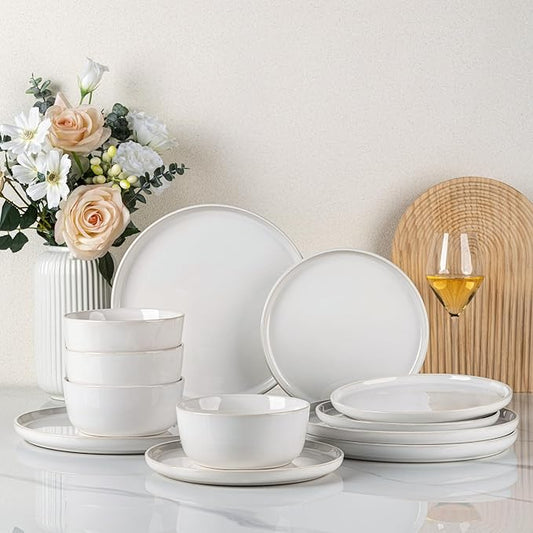 GBHOME Ceramic Dinnerware Sets for 4, 12 Pieces Stoneware Plates and Bowls Sets, Reactive Glaze Dishes -Scratch Resistant, Dishwasher&Microwave Safe-Star White