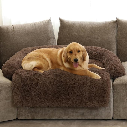 GGIB Calming Dog Bed Fluffy Plush Dog Mat for Furniture Protector with Removable Washable Cover for Large Medium Small Dogs and Cats (Extra Large (53x39.3x6), Coffee)