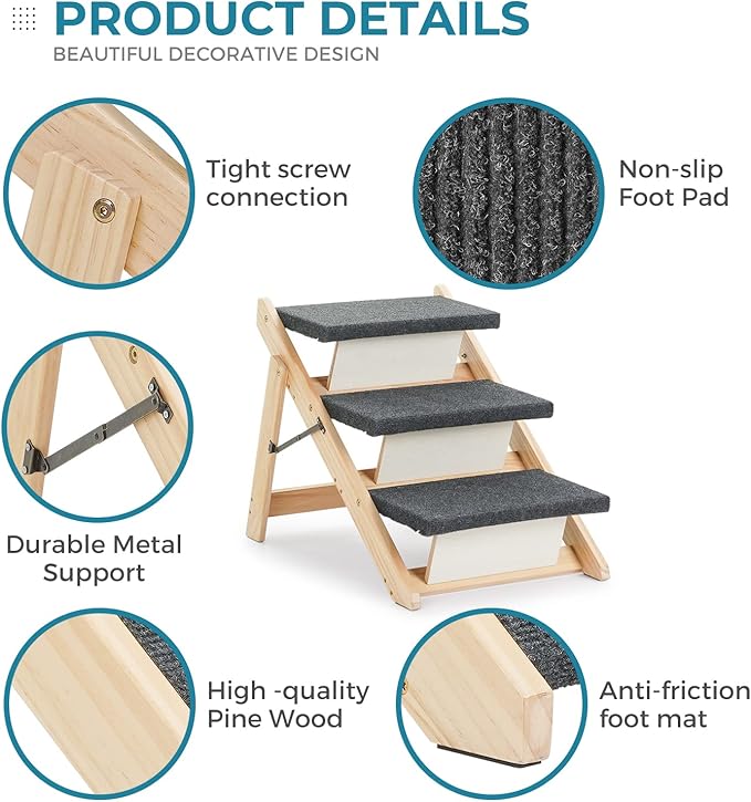 MEWANG Wood Pet Stairs & Ramp for Small/Medium Dogs and Cats, Aging Pets – 3-in-1 Foldable, Portable, Non-Slip Pet Ladder for Tall Beds, Couches,Cars–Holds Up to 220 lbs (24.8" L x 17.2" W x 19.5" H)