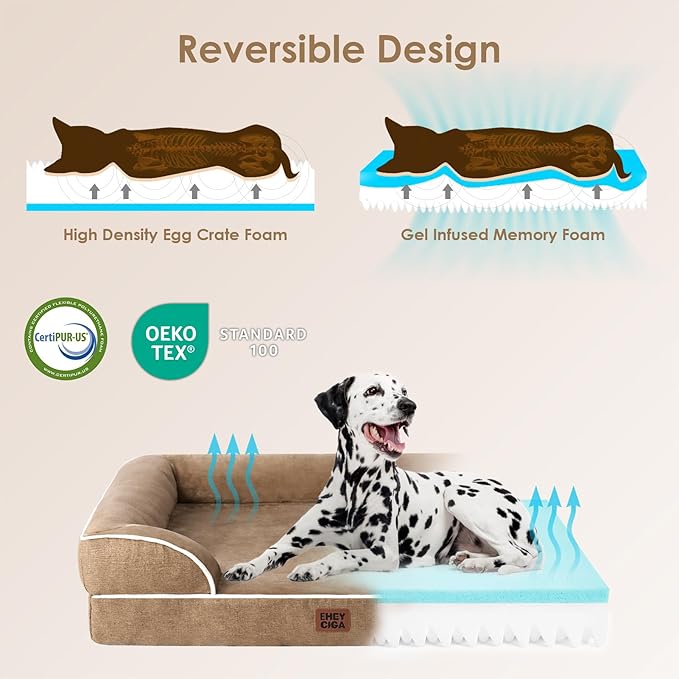 EHEYCIGA Orthopedic Dog Beds for Extra Large Dogs, Waterproof Memory Foam XXL Dog Bed with Sides, Non-Slip Bottom and Egg-Crate Foam Big Pet Couch Bed with Washable Removable Cover, Camel