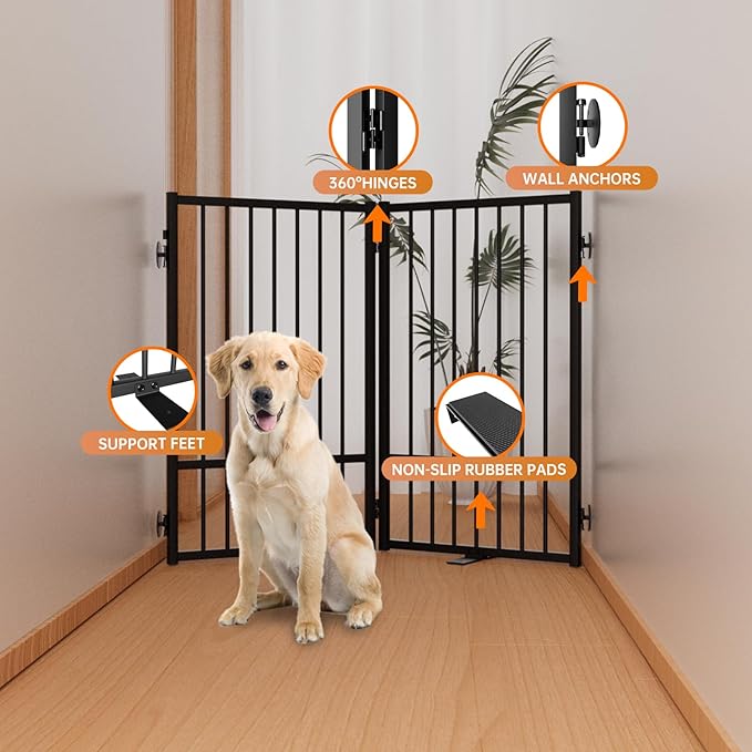 Full Metal Freestanding Dog Gate with Door, 32''Height Foldable Pet Dog Fence for Indoor & Outdoor, 2 Panels Extra Wide Free Standing TallDog Gates for Doorways,House,Stairs,Porch,Deck,Yard