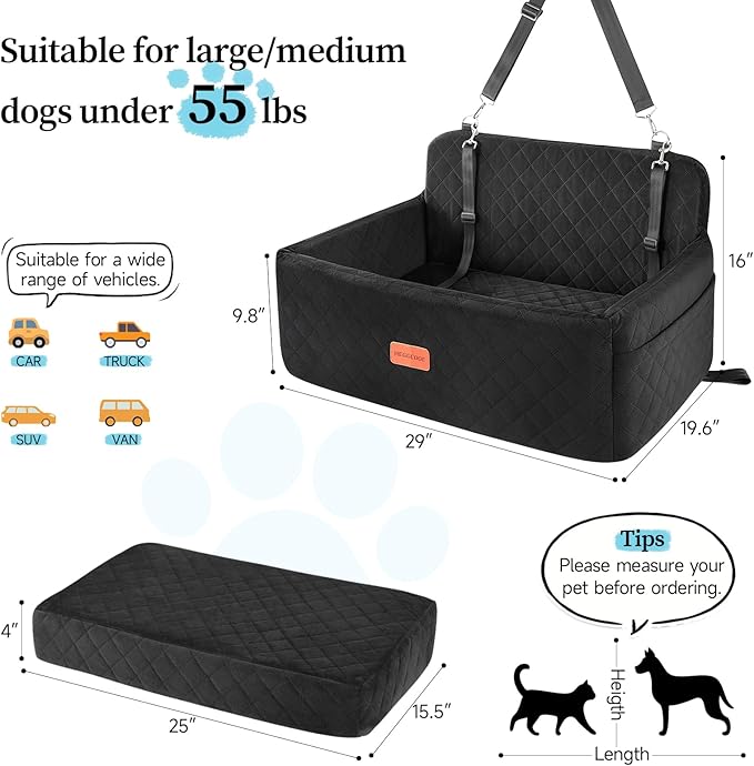 Dog Car Seat for Medium/Large Dogs, Pet Booster Seat for Under 55 lbs or 2 Small Dogs, Detachable & Washable Dog Car Bed for Backseat with 2 Safety Leashes(Black)