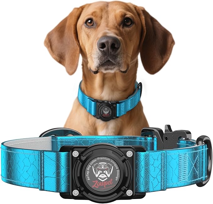 AirTag Dog Collar - Leather Dog Collar with Airtag Holder | IP68 Waterproof AirTag Holder with Metal Buckle, Comfortable GPS Dog Collars Tracker for Medium Large Dogs (Blue, XL)