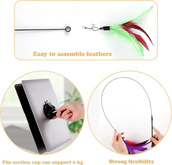 Cat Feather Toys Interactive Cats - Dorakitten Cat Powerful Suction Cup Handheld Teaser Wand Toy and 5PCS Replacement Feather with Bell for Kitty Kitten Scratching Exercise Indoor