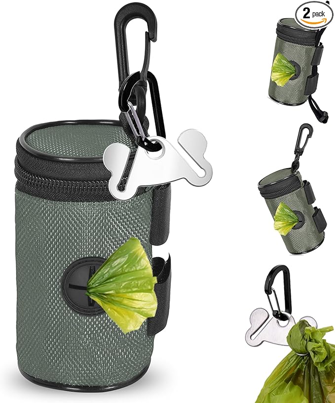 Dog Poop Bag Holder for Leash Attachment - Waste Bag Dispenser for Leash - Fits Any Dog Leash - Portable Set with Hand Free Holder Metal Carrier, Round Shape, Grey