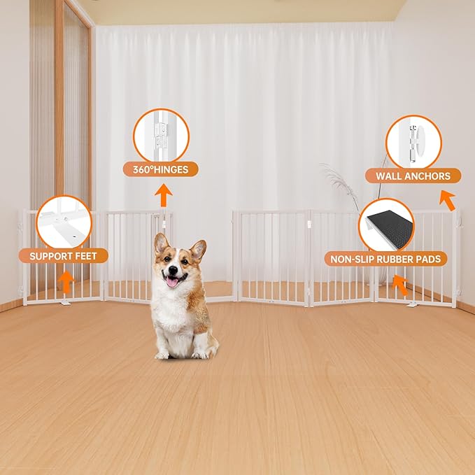 Full Metal Freestanding Dog Gate with Door, 24'' Height Foldable Pet Dog Fence for Indoor & Outdoor, 6 Panels Extra Wide Free Standing SmallDog Gates for Doorways,House,Stairs,Porch,Deck,Yard