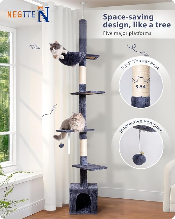Floor to Ceiling Cat Tree, 5-Tier Height (95-109 inches) - Adjustable Cat Climbing Tower with Sisal Scratching Posts, Cat Condo, Hammock, Platforms, and Hanging Balls