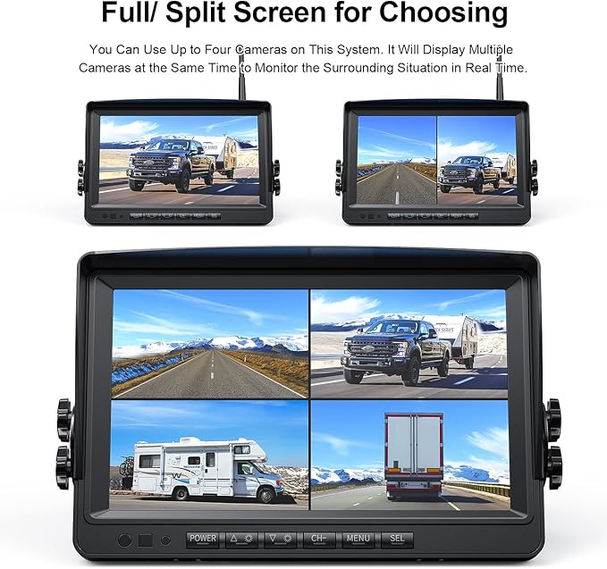 Fookoo HD 1080P 9" Wireless Backup Camera System, 9-inch Quad Split Screen Monitor w/Recording, IP69 Waterproof Side View Rear View Cameras, Digital Signal, Parking Lines for RV/Truck/Trailer (DW9T4)