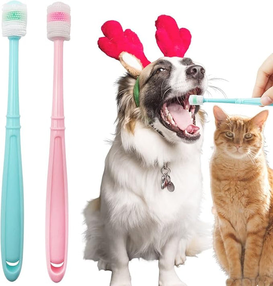 BLMHTWO 2 Pieces Cat Toothbrush, Dog Toothbrush 360-Degree Dog Toothbrushs Small with Independent Transparent Packaging Box and PP Handle Silicone Toothbrushs for Small Dogs (Green and Pink)