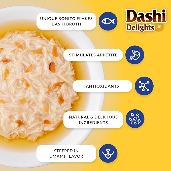 INABA Dashi Delights for Cats, Shredded Chicken with Bonito Flake Broth, 2.5 Ounce Cup, 12 Cups Total, Seafood Variety