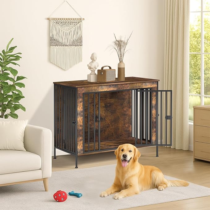 Dog Crate Furniture 40" Sturdy Heavy Duty Dog Kennel Solid Metal Tube Thick Wooden with 3 Lockable Doors Single Dog Cage Large Breed as TV Stand End Table for Large Dog Rustic Brown