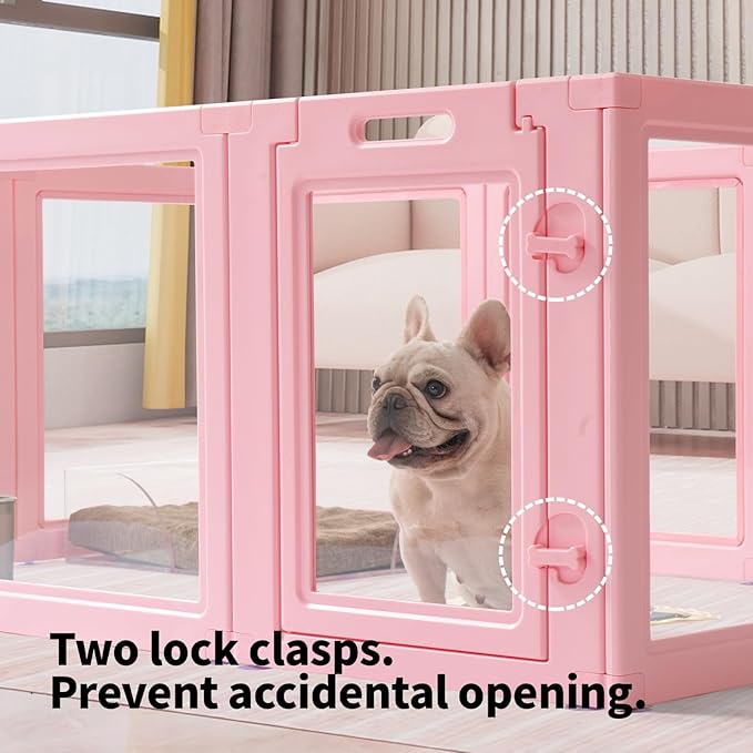 DIY Clear Acrylic Dog Playpen House,Quick Easy Assembly and Disassembly,Strong Floor Suction,Indoor and Outdoor Use,Easy Cleansing Puppy Fence (Sakura Pink, 23.6" H, 10PCS)