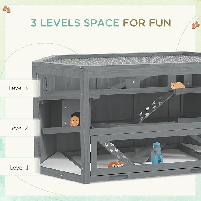 PawHut Wooden Large Hamster Cage, Rat Habitat, 3 Tier Small Animal Exercise Play House with Tray, Water Bottle, Activity Center, Gray
