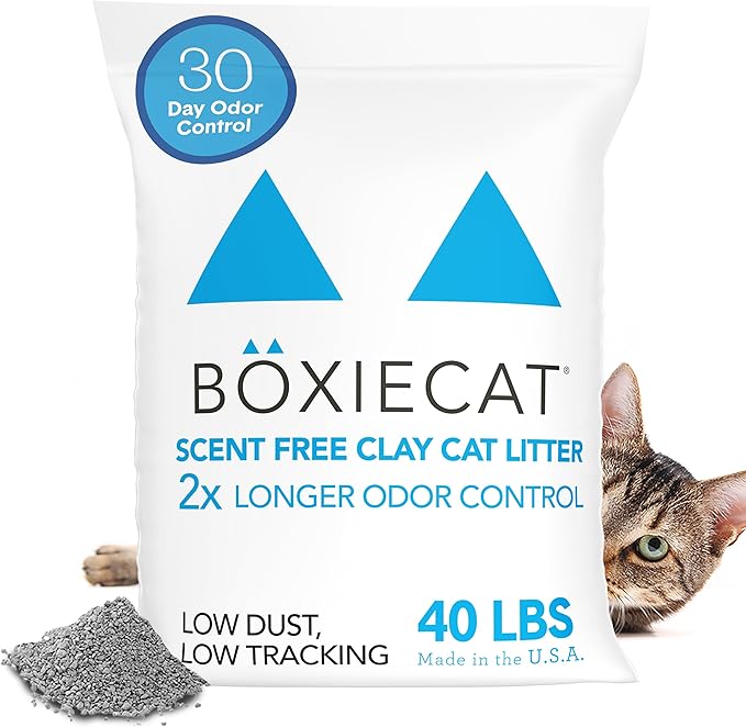 Boxie® Unscented 30 Day Odour Control Clumping Clay Cat & Kitty Litter 40 lb, 99.9% Dust-Free, Hard Flat Top® Clumps, No Fragrances No Fillers, Long-Lasting, Easy to Scoop