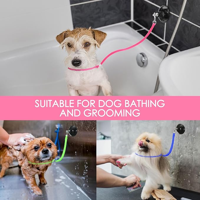 Frienda 4 Pieces Dog Bathing Tether with Suction Cup Pet Dog Grooming Tub Restraint Loops and Adjustable Cat Fixed Safety Rope for Pet Shower Bathing Grooming(Blue Pink Bright Green)
