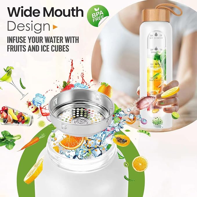 Aqulea Glass Water Bottles 25 Oz with Silicone Sleeve - BPA Free Reusable Wide Mouth Glass Motivational Water Bottles with Fruit Infuser – Leak Proof Borosilicate Water Bottle with Time Marker (White)