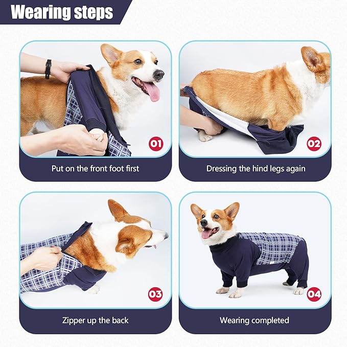 Dog Recovery Suit, Abdominal Wound After Surgery Wear, Anti Licking Bodysuit with Zipper, E-Collar & Cone Alternatives, Plaid Dog Spay Surgical Shirt Prevent Shedding(XL, Blue)