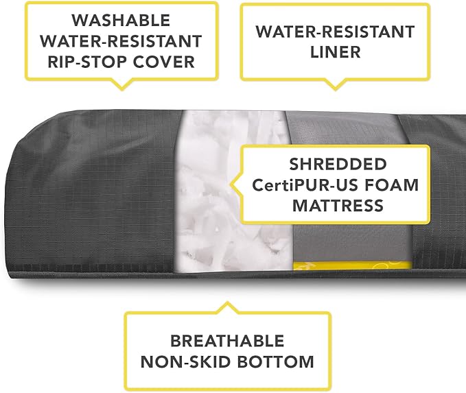 K9 Ballistics Tough Rectangle Pillow Dog Bed - Removable Cover, Washable, Durable & Water Resistant Bed for Big Dogs, Size: Large (40"x34"), Light Gray Velvet