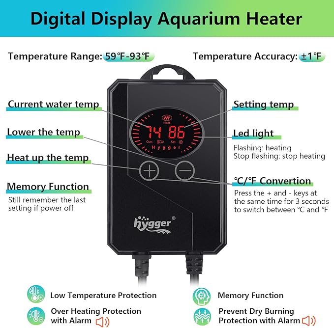 hygger Aquarium Heater 1000W,Submersible Fish Tank Heater with Adjustable Temperature Digital LED Controller,Overheating & Auto Shut Off Protection,for Saltwater & Freshwater Fish Tank 110-240Gallon
