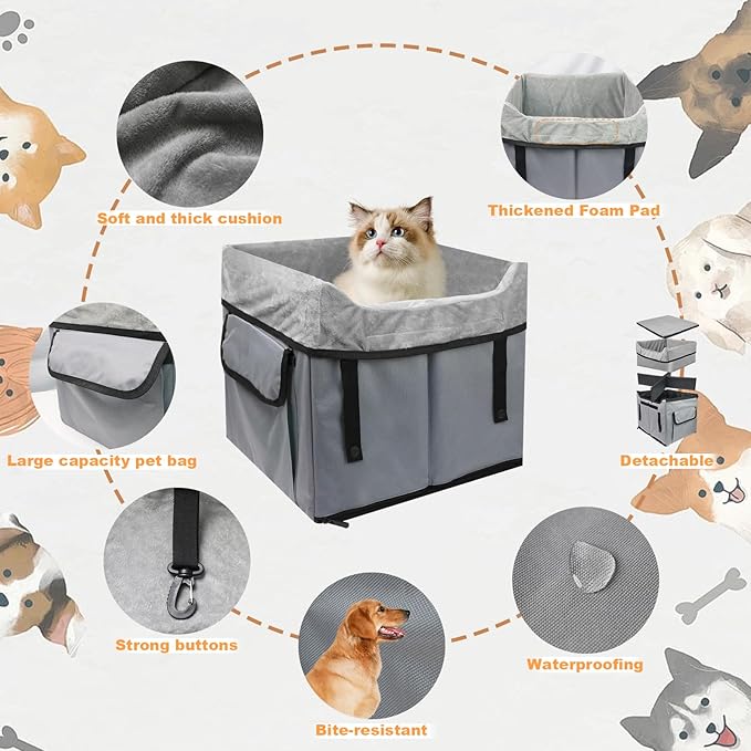 Eunice Small Dog Car Seat, 15.5 in (L) X 14.6 in (W) X 13 in (H) Washable Detachable and Portable Dog Booster Car Seat with Clip-on Safety Leash, Puppy Car Seats Storable Bottom Layer - Up to 25 lbs