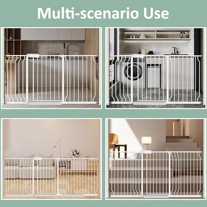 57.5"-62" Extra Wide Auto Closing Baby Safety Gate for Stairs & Doorways, Pressure Mounted No Drill Pet Gate with Walk-Through Door - Heavy Duty Childproof Gate for Toddlers, Kids, Dogs (White)