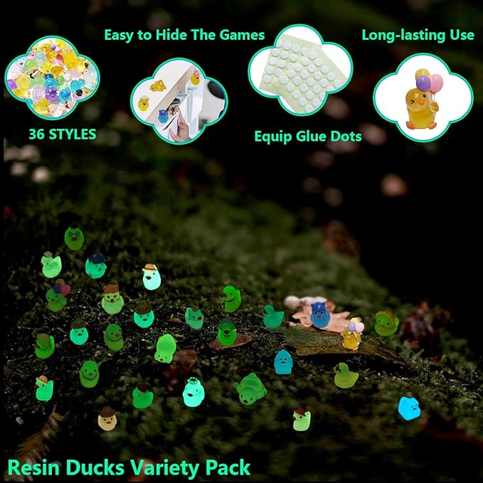 36 Types Luminous Mini Resin Ducks, Plastic Little Ducks to Hide Prank, Small Ducks Figures for Fairy Garden, Dollhouse,Terrariums, Potted, Cake Topper, Miniature Landscape Ornament.