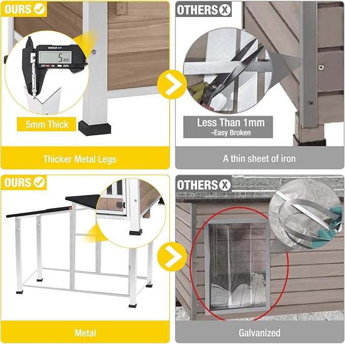 Chew-Resistant Dog House with Metal Frame, Wooden Kennel for Indoor & Outdoor Use, Waterproof Roof & Feeding Bowls Included (Brown, L)