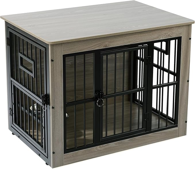 Gardner Pet Dog Crate Furniture for Medium Dogs, 32.7 Inch Dog Kennel Indoor, Wooden Dog Cage End Table with 2 Removable Bowls, Heavy Duty Dog Crate, Rustic Grey